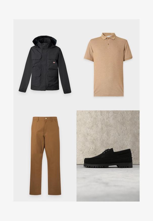 Zwarte waterdichte jas met een capuchon, voorzien van vier voorzakken, een ritsluiting en elastische manchetten. Glad textuur, functioneel ontwerp.; Beige polo met korte mouwen, twee knopen en een subtiel geborduurd logo op de linkerborst, afgebeeld tegen een effen achtergrond.; Bruine, rechte herensbroek met riemlussen, zijzakken en een knoopsluiting aan de voorkant, afgebeeld tegen een witte achtergrond.; Zwarte veterlaars met dikke geribbelde zool zwevend boven beige tapijt, bruine moderne ronde tafel in zacht verlichte kamer op de achtergrond.