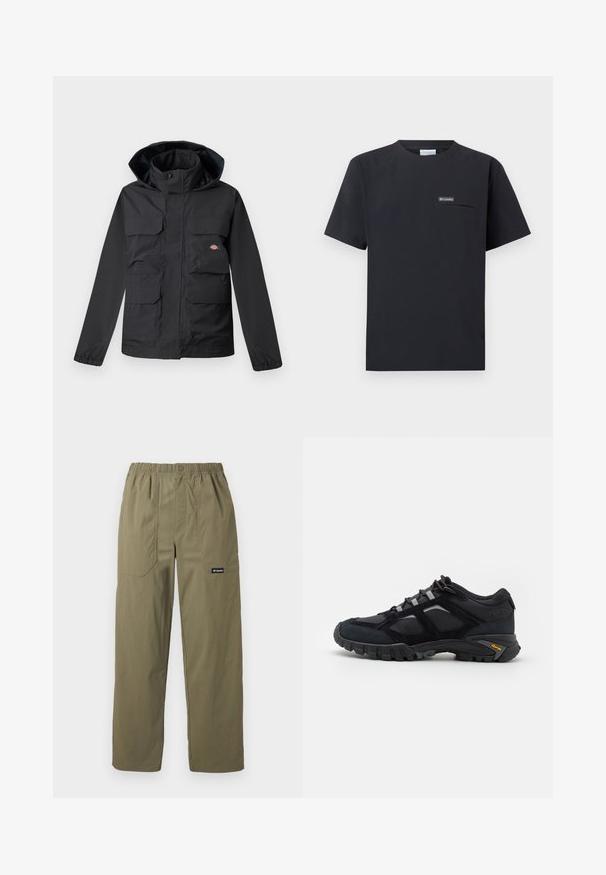 Sort vandtæt jakke med hætte, der har fire forlommer, lynlås foran og elastiske manchetter. Glat tekstur, funktionelt design.; Sort kortærmet Columbia T-shirt med brystlomme med lynlås og lille logo patch, vist på en hvid baggrund.; Olivengrønne bukser med lige ben, elastisk linning, foran påsyede lommer, knaplukning og Columbia-logo på højre lomme.; Sort udendørs sko lavet af ruskind og mesh med en robust sål. Har grå accenter og Vibram-branding på siden. Snøredesign.