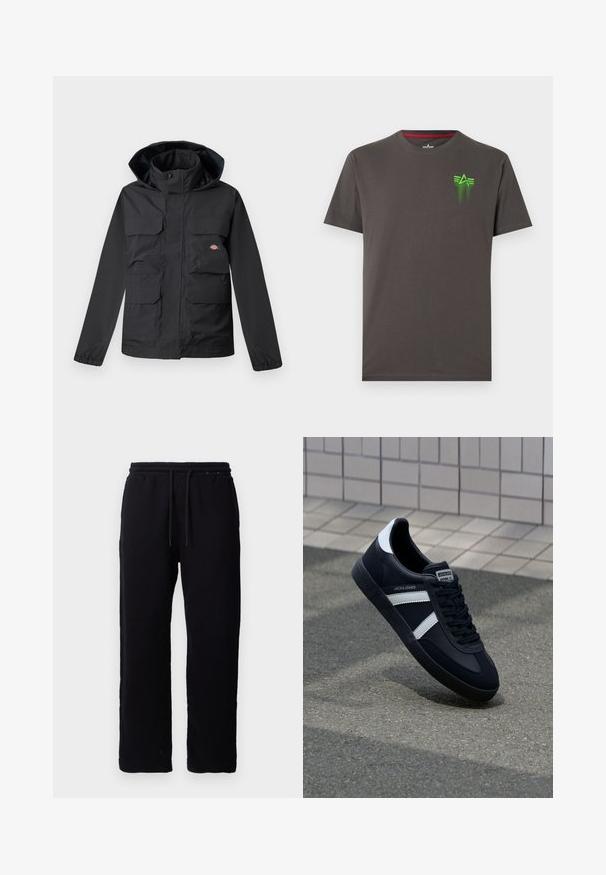 Sort vandtæt jakke med hætte, der har fire forlommer, lynlås foran og elastiske manchetter. Glat tekstur, funktionelt design.; Herre kortærmet mørkegrå t-shirt med rund hals og en lille lys grøn stjerne og vinge grafisk på venstre bryst.; Sorte sweatpants lavet af bomuld, med elastisk talje og snore, lige ben design, og uden synlige mønstre eller detaljer.; Sort lædersneaker med hvide striber, tekstureret gummisål og snørrebånd foran. Har et brandet mærke på tungen.
