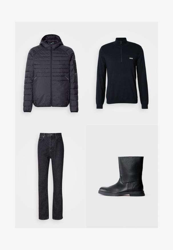 Sort oppustelig jakke med lynlås, hætte og ribbede manchetter. Har et paneldesign og sidelommer, lavet af letvægts syntetisk materiale.; Marineblå sweater med høj krave og halv lynlås. Materialet er blødt med en struktureret overflade. Har et lille hvidt "BOSS" logo på brystet.; Høj talje sorte denim jeans med knap- og lynlåsåbning, for- og baglommer samt lige ben.; Sorte læder ankelstøvler med tekstureret overflade, rund tå og lav gummisål. Enkel design uden synlig hardware eller udsmykninger.