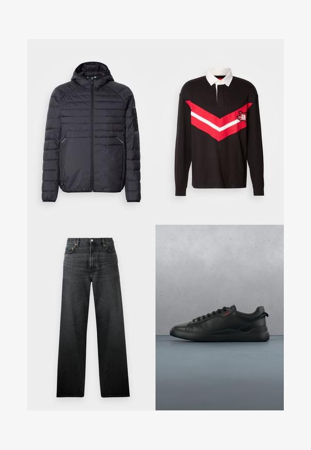 Schwarze Puffjacke mit Reißverschluss, Kapuze und gerippten Bündchen. Verfügt über ein abgestuftes Design und seitliche Taschen, aus leichtem synthetischen Material gefertigt.; Schwarzes Rugby-Shirt mit langen Ärmeln, weißem Kragen, rotem und weißem Zickzackstreifen über die Brust und gesticktem Patch auf der linken Seite.; Schwarze Jeans aus Denim mit geradem Bein, ausgestattet mit fünf Taschen und einem Knopfverschluss. Der Stoff hat einen leichten Glanz und eine sichtbare Textur.; HUGO BLAKE - Sneaker low - black