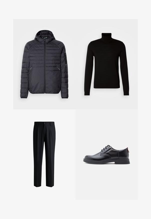 Schwarze Puffjacke mit Reißverschluss, Kapuze und gerippten Bündchen. Verfügt über ein abgestuftes Design und seitliche Taschen, aus leichtem synthetischen Material gefertigt.; Schwarzer Rollkragenpullover aus feiner Strickware, mit langen Ärmeln und taillierter Silhouette. Glatte Textur mit gerippten Bündchen.; Schwarze Hose aus glattem Stoff, mit geradem Bein-Design, Falten vorne und einem Knopfverschluss mit Gürtelschlaufen.; Schwarze Leder-Schnürschuhe mit glatter Textur, rundem Zehenbereich und dezenten Ziernähten. Mit einem roten Laschenband an der Ferse.