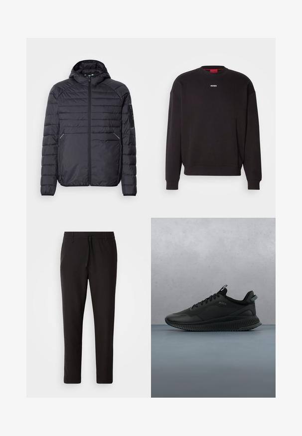 Schwarze Puffjacke mit Reißverschluss, Kapuze und gerippten Bündchen. Verfügt über ein abgestuftes Design und seitliche Taschen, aus leichtem synthetischen Material gefertigt.; Schwarzes Sweatshirt aus Baumwollmischung mit Rundhalsausschnitt, überschnittenen Schultern und einem kleinen weißen "HUGO"-Logo auf der Brust.; Schwarze Jogginghose aus glattem Stoff. Mit einem elastischen Bund und Kordelzug, schmal zulaufenden Beinen und ohne sichtbare Taschen. Einfaches Design.; Schwarze Sportschuhe mit einem glatten, strukturierten Obermaterial, ausgestattet mit Schnürsenkeln, einem gepolsterten Schaft und einer geriffelten Gummisohle für besseren Halt.