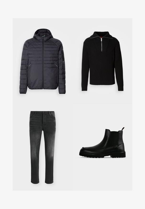 Schwarze Puffjacke mit Reißverschluss, Kapuze und gerippten Bündchen. Verfügt über ein abgestuftes Design und seitliche Taschen, aus leichtem synthetischen Material gefertigt.; Schwarzer gerippter Pullover mit hohem Kragen und kurzem Reißverschluss. Verfügt über einen strukturierten Stoff und enganliegende Bündchen, die eine konturierte Silhouette bieten.; Schwarze Skinny-Jeans mit ausgebleichten Details, Fünf-Taschen-Stil und Knopfverschluss in der Taille.; Schwarzer Lederknöchelstiefel mit strukturierter Sohle, elastischen Seitenteilen und Zuglasche vor einem hellgrauen Hintergrund.