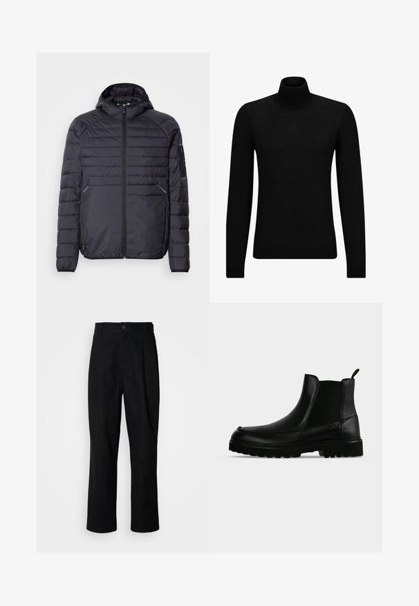 Sort oppustelig jakke med lynlås, hætte og ribbede manchetter. Har et paneldesign og sidelommer, lavet af letvægts syntetisk materiale.; Sort turtleneck sweater lavet af blødt materiale, med lange ærmer og en tætsiddende pasform. Ribbet trim ved kanten og manchetter. Simpelt design.; Sorte lige ben bukser med en knaplukket talje, bæltestropper og en frontfold, præsenteret mod en ensfarvet hvid baggrund.; Sort læderankelstøvle med tekstureret sål, elastiske sidepaneler og træksnor på en lysegrå baggrund.