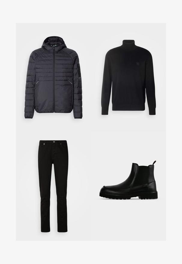 Schwarze Puffjacke mit Reißverschluss, Kapuze und gerippten Bündchen. Verfügt über ein abgestuftes Design und seitliche Taschen, aus leichtem synthetischen Material gefertigt.; Schwarzer Rollkragenpullover mit langen Ärmeln, geripptem Kragen und Bündchen, aus einem glatten Stoff gefertigt. Mit einem kleinen Logo-Patch auf der Brust.; Schwarze Jeans mit geradem Bein, vorne mit Knopf- und Reißverschluss, Vorder- und Gesäßtaschen, dargestellt vor einem schlichten hellen Hintergrund.; Schwarzer Lederknöchelstiefel mit strukturierter Sohle, elastischen Seitenteilen und Zuglasche vor einem hellgrauen Hintergrund.