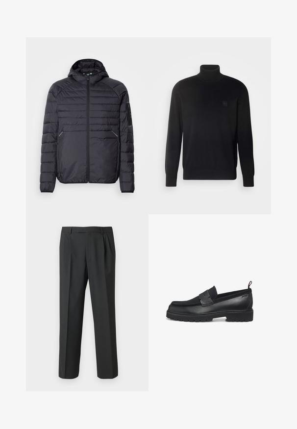 Schwarze Puffjacke mit Reißverschluss, Kapuze und gerippten Bündchen. Verfügt über ein abgestuftes Design und seitliche Taschen, aus leichtem synthetischen Material gefertigt.; Schwarzer Rollkragenpullover mit langen Ärmeln, geripptem Kragen und Bündchen, aus einem glatten Stoff gefertigt. Mit einem kleinen Logo-Patch auf der Brust.; Schwarze Hose aus glattem Stoff mit geradem Bein, plisseeartiger Vorderseite und Standardbund mit Gürtelschlaufen.; Schwarze Loafers mit glattem Lederkörper, Gummisohle und strukturierten Akzenten am Obermaterial. Verfügen über eine abgestochene Naht und ein zum Hineinschlüpfen gestaltetes Design.