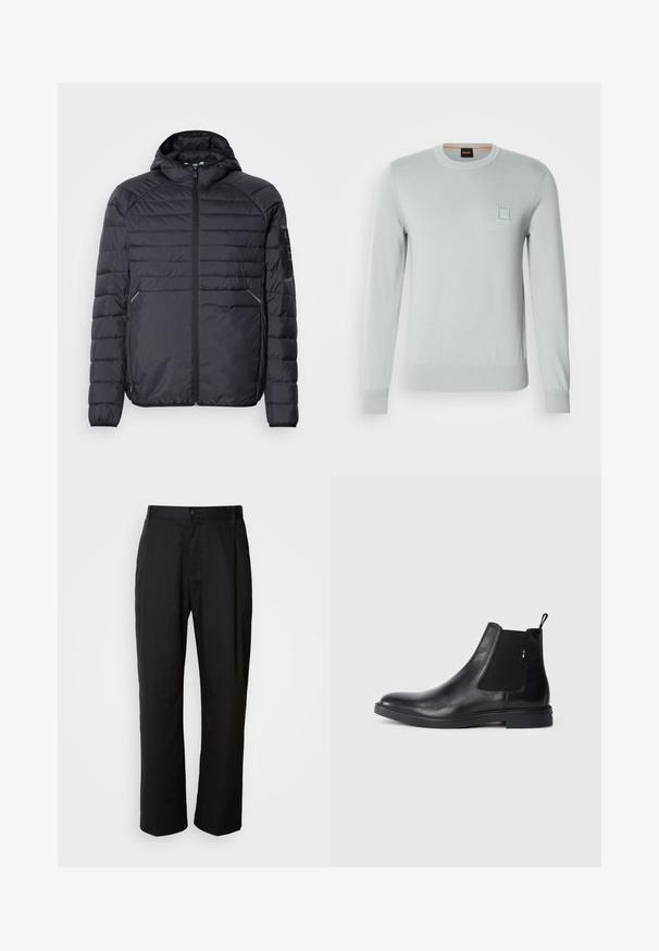 Schwarze Puffjacke mit Reißverschluss, Kapuze und gerippten Bündchen. Verfügt über ein abgestuftes Design und seitliche Taschen, aus leichtem synthetischen Material gefertigt.; Hellgrau gestrickter Pullover mit langen Ärmeln, gerippten Bündchen und Saum, ausgestattet mit einem kleinen blauen Logo-Patch auf der Brust. Weiche, glatte Textur.; Schwarze Hosen mit geradem Schnitt, aus leichtem Stoff gefertigt. Verfügt über einen vorderen Knopfverschluss und zwei seitliche Taschen; glatte Textur.; Schwarze Leder Chelsea-Boots mit elastischen seitlichen Einsätzen, einer Zugschlaufe und einer flachen Gummisohle. Glatte Textur mit minimaler Ausgestaltung.