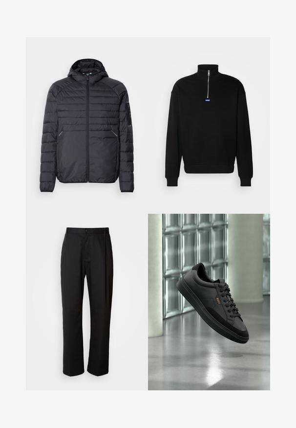 Schwarze Puffjacke mit Reißverschluss, Kapuze und gerippten Bündchen. Verfügt über ein abgestuftes Design und seitliche Taschen, aus leichtem synthetischen Material gefertigt.; Schwarzer Pullover-Sweatshirt aus weichem Material, mit hochschließendem Kragen und Halbzipper. Trägt ein blaues rechteckiges Logo auf der Brust.; Schwarze Hosen mit geradem Schnitt, aus leichtem Stoff gefertigt. Verfügt über einen vorderen Knopfverschluss und zwei seitliche Taschen; glatte Textur.; Schwarzer Leder-Sneaker im Low-Top-Stil mit schwarzen Schnürsenkeln und goldenem "BOSS"-Logo, in der Luft vor einer Glasbausteinwand und grauem Boden gezeigt.