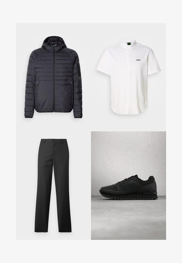 Schwarze Puffjacke mit Reißverschluss, Kapuze und gerippten Bündchen. Verfügt über ein abgestuftes Design und seitliche Taschen, aus leichtem synthetischen Material gefertigt.; Weißes Poloshirt mit kurzen Ärmeln aus Baumwolle, mit Knopfleiste, klassischem Kragen und schwarzem "BOSS"-Logo auf der Brust.; Samsøe Samsøe SAJOHNNY TROUSERS - Stoffhose - turkish coffee; Schwarzer BOSS-Sneaker mit strukturiertem Stoff und Lederbesätzen, Schnürsenkel gebunden, schwebt über einem grauen Betonboden in der Nähe von Glasbausteinen.