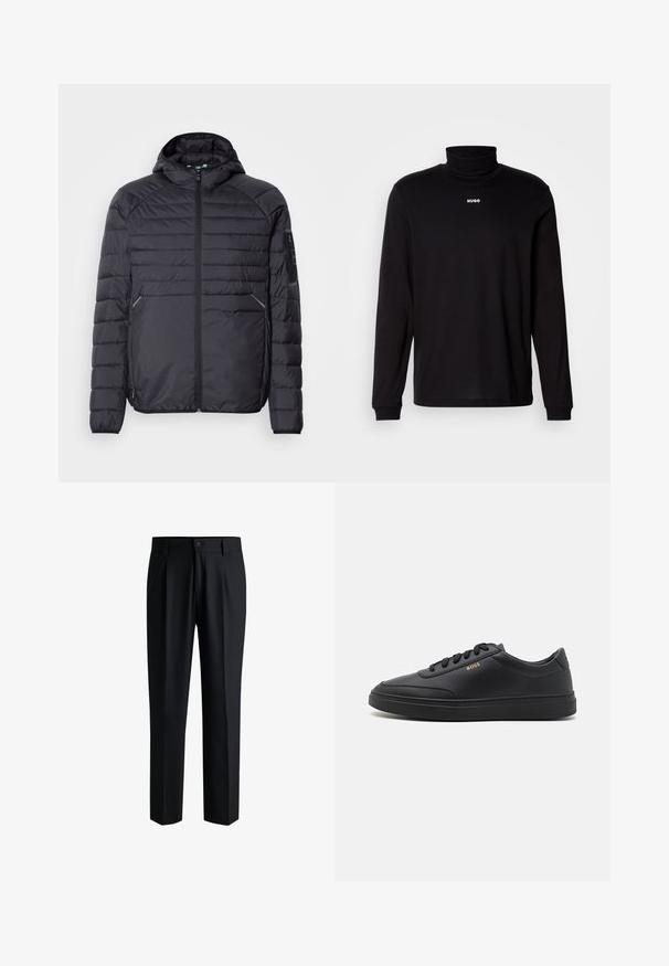 Schwarze Puffjacke mit Reißverschluss, Kapuze und gerippten Bündchen. Verfügt über ein abgestuftes Design und seitliche Taschen, aus leichtem synthetischen Material gefertigt.; Schwarzes Langarm-Turtleneck-Shirt aus glattem Stoff, mit einem weißen "HUGO"-Logo auf der Brust, eng anliegend an den Bündchen und dem Saum.; Schwarze Hose aus glattem Stoff, mit geradem Bein-Design, Falten vorne und einem Knopfverschluss mit Gürtelschlaufen.; Schwarze Leder-Sneaker mit glatter Textur, runder Zehenpartie, flacher Gummisohle und einfarbigen Schnürsenkeln. Mit goldfarbenem "BOSS" Logo an der Seite.
