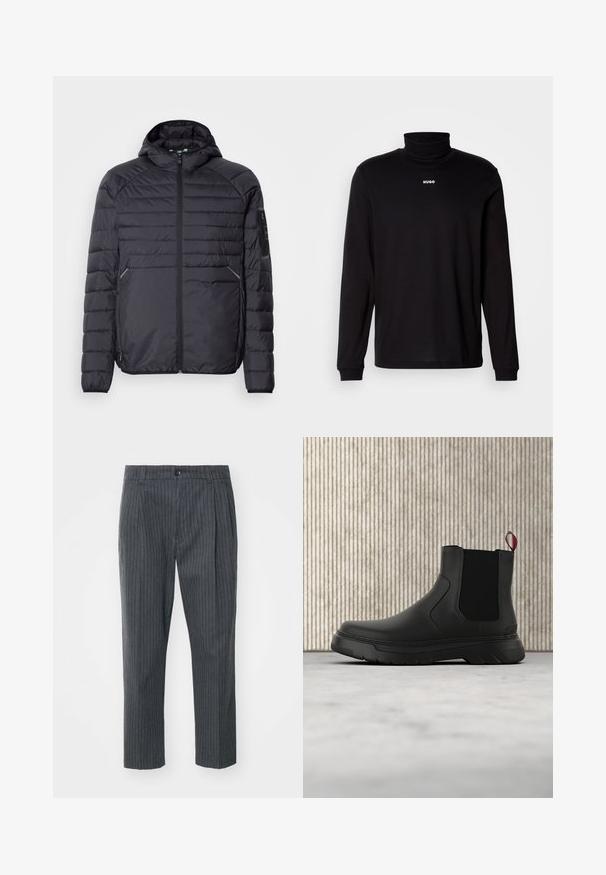 Sort oppustelig jakke med lynlås, hætte og ribbede manchetter. Har et paneldesign og sidelommer, lavet af letvægts syntetisk materiale.; Sort langærmet turtleneck skjorte lavet af glat stof, med et hvidt "HUGO" logo på brystet, samt tætsiddende manchetter og kant.; Grå stribede bukser med lige ben, der har en knaplukning og en glat stofoverflade. Skræddersyet pasform med folder.; Sort ankelstøvle med en glat overflade, elastiske sidepaneler og en kontrasterende rød træksløjfe, der har en tyk gummisål og rund tå.