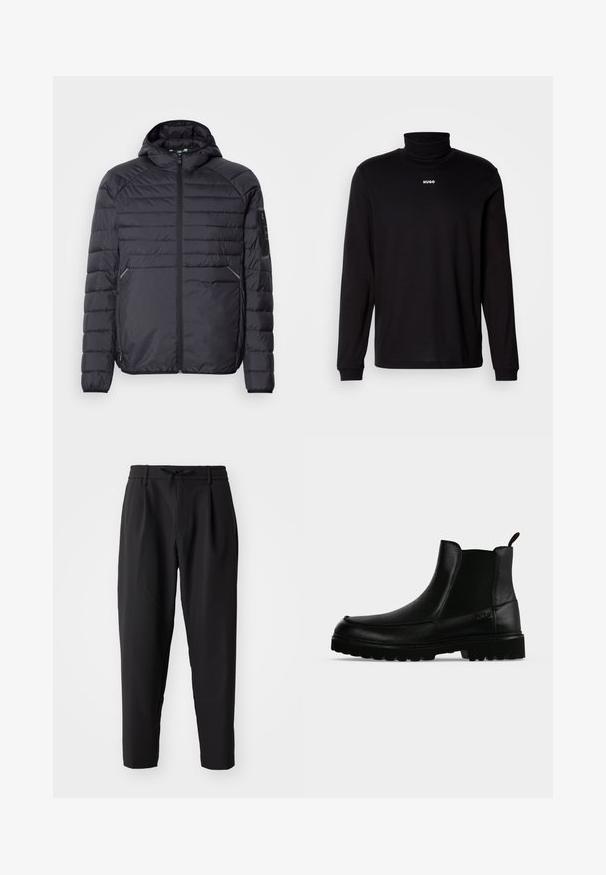 Sort oppustelig jakke med lynlås, hætte og ribbede manchetter. Har et paneldesign og sidelommer, lavet af letvægts syntetisk materiale.; Sort langærmet turtleneck skjorte lavet af glat stof, med et hvidt "HUGO" logo på brystet, samt tætsiddende manchetter og kant.; Sorte tapered bukser med elastisk talje og snor. Glat stof med en let tekstur, udstyret med læg og sidelommer.; Sort læderankelstøvle med tekstureret sål, elastiske sidepaneler og træksnor på en lysegrå baggrund.