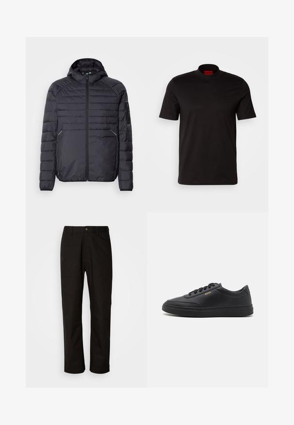 Chaqueta acolchada negra con cierre de cremallera, capucha y puños acanalados. Presenta un diseño de paneles y bolsillos laterales, fabricada en material sintético ligero.; Camiseta negra de manga corta con un diseño de cuello alto. Fabricada con un tejido suave. Presenta una etiqueta de marca roja en el interior del cuello.; Pantalones de algodón negros con corte recto, presillas para el cinturón, cremallera frontal y un solo botón de cierre. Textura suave sin patrones visibles.; Zapatillas de cuero negro con una textura suave, punta redondeada, suela plana de goma y cordones a tono. Presentan el logotipo dorado "BOSS" en el lateral.