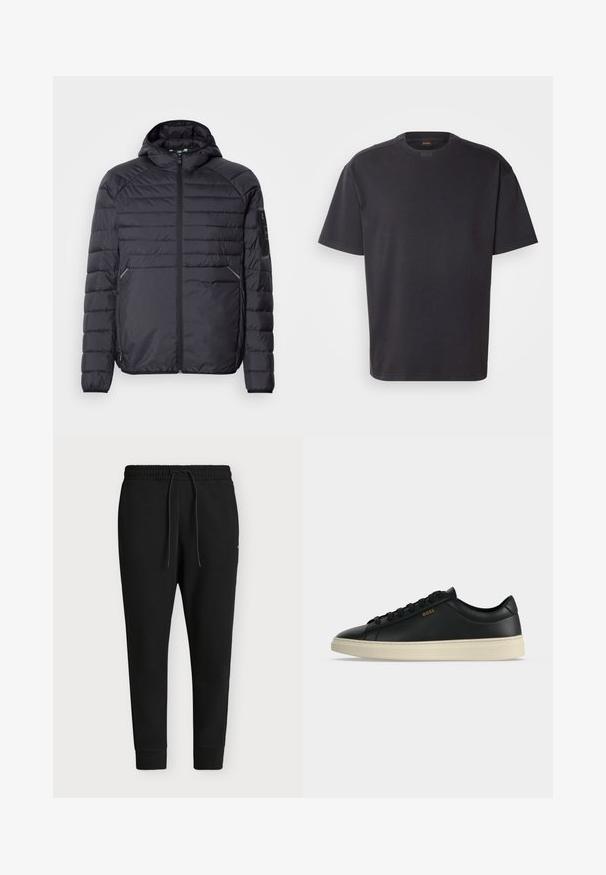 Schwarze Puffjacke mit Reißverschluss, Kapuze und gerippten Bündchen. Verfügt über ein abgestuftes Design und seitliche Taschen, aus leichtem synthetischen Material gefertigt.; Schwarzes T-Shirt mit kurzen Ärmeln aus Baumwolle, mit rundem Halsausschnitt und dezentem Branding am Kragen. Weiche Textur mit lässiger Passform.; Schwarze Jogging-Sweathose mit elastischem Bund, Kordelzug, Bündchen an den Fußknöcheln und lockerem Schnitt, auf schlichtem Hintergrund präsentiert.; Schwarzer flacher Ledersneaker mit weißer Sohle, schwarzen Schnürsenkeln und kleinem goldfarbenem BOSS-Logo an der Seite.