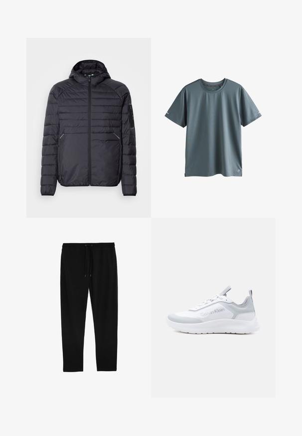 Schwarze Puffjacke mit Reißverschluss, Kapuze und gerippten Bündchen. Verfügt über ein abgestuftes Design und seitliche Taschen, aus leichtem synthetischen Material gefertigt.; Schlichtes blaues Sport-T-Shirt mit kurzen Ärmeln und Rundhalsausschnitt, mit kleinem reflektierendem Logo unten links und an den Ärmelenden, dargestellt auf weißem Hintergrund.; Marks & Spencer DRAWSTRING STRAIGHT LEG JOGGERS - Jogginghose - black; Weißer und grauer Calvin Klein Sneaker mit Schnürung vorne, gepolsterter Sohle und Zuglaschen an Zunge und Ferse.