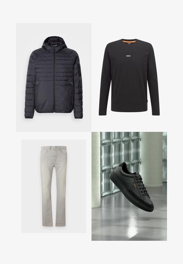Schwarze Puffjacke mit Reißverschluss, Kapuze und gerippten Bündchen. Verfügt über ein abgestuftes Design und seitliche Taschen, aus leichtem synthetischen Material gefertigt.; Schwarzes langärmliges T-Shirt aus Baumwolle. Mit einem Rundhalsausschnitt und einem kleinen weißen "BOSS"-Logo auf der Brust. Glatte Textur.; Hellgraue Jeans mit geradem Bein, fünf Taschen, Knopfverschluss und Gürtelschlaufen, vor einfachem Hintergrund dargestellt.; Schwarzer Leder-Sneaker im Low-Top-Stil mit schwarzen Schnürsenkeln und goldenem "BOSS"-Logo, in der Luft vor einer Glasbausteinwand und grauem Boden gezeigt.