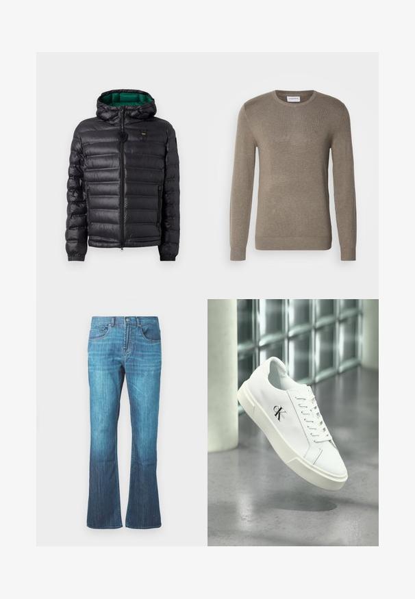 Veste matelassée noire avec capuche, finition brillante, doublure verte, fermeture éclair et poignets élastiques. Comprend un logo de marque sur la poitrine.; Pull en coton couleur khaki, fabriqué en maille douce, avec un col rond, des manches longues et un logo brodé subtil sur la poitrine.; Jeans en denim lavé bleu moyen avec un léger évasement en bas, design classique à cinq poches, et fermeture à bouton et à zipper à l'avant.; Baskets blanches Calvin Klein avec lacets, présentées en suspension au-dessus d'un sol en béton poli et d'un mur en blocs de verre en arrière-plan.
