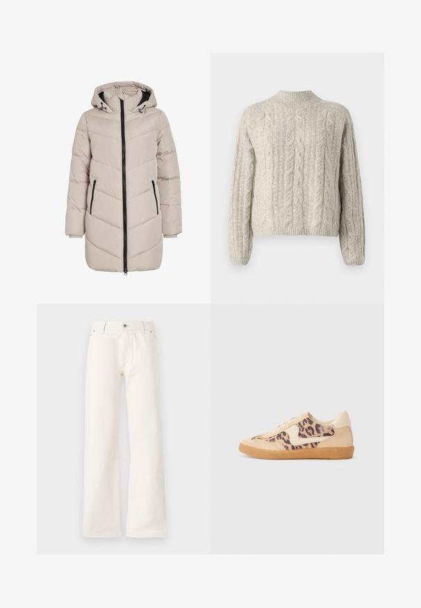 Hellbeige gepolsterter Mantel mit Kapuze, der ein Zickzack-Muster aufweist, einen schwarzen Reißverschluss hat und zwei Seitentaschen bietet. Der Stoff hat eine glatte Textur.; Cremefarbener Kabelstrickpullover mit hohem Kragen, langen Ärmeln und geripptem Saum. Besitzt strukturierte Muster und eine leicht lockere Passform.; Weiße weit geschnittene Jeans aus Denim, mit einem Knopfverschluss vorne, fünf Taschen und einer glatten Textur ohne sichtbare Muster.; Löwenmuster-Sneaker mit beige Wildleder-Obermaterial, tanfarbener Gummisohle und weißen Akzenten. Runde Zehenform und Schnürdesign mit strukturiertem Finish.
