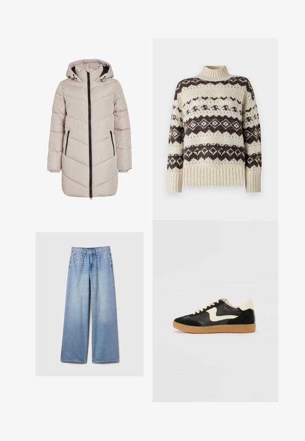 Hele beez värvi polsterdatud jakk kapuutsiga, chevron-mustriga, musta tõmbluku ja kahe küljetaskuga. Kangas on sileda tekstuuriga.; Vero Moda Knitted VMAMPLE Knitted - Džemper - birch; Heledad sinised laiad teksapüksid, millel on ees olema taskud, vöökohaga ja nööbi- ning lukuga kinnitamine.; Must musta ja nahast sneakersid, millel on koorevärvi külgsuund ja hele koorik. Omab beeži paelu ja kummi kummist välistalla.
