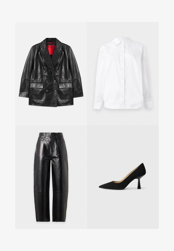 Sort faux læder dobbeltbrystet blazer med spidse revers, to forlommer og en glat, blank overflade. Rød foring synlig indeni.; Hvid langærmet skjorte med knapper lavet af bomuld, med spidse kraver og lige pasform med en glat tekstur.; Sorte læderbukser med høj talje og vide ben, med frontknap- og lynlåslukning, bæltestropper og syede lomme detaljer.; Sorte ruskinds højhælede pumps med spids tå, der har en blank sort blokhæl og en glat indvendig foring.