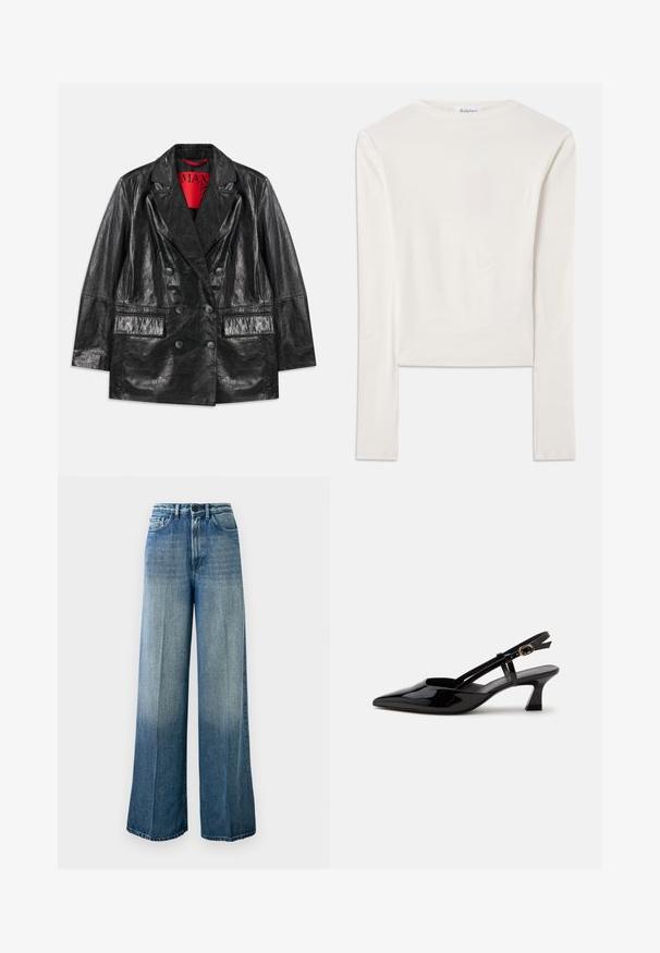 Sort faux læder dobbeltbrystet blazer med spidse revers, to forlommer og en glat, blank overflade. Rød foring synlig indeni.; Hvid langærmet top lavet af bomuld, med en simpel rund hals og en slim fit. Stof er glat med en let stræk.; Lyseblå, vide jeans lavet af denim. Har høj talje, klassisk fem-lomme design og en falmet gradient fra mørk til lys.; Sort laklæderslingback med lille hæl, spids tå og justerbar guldlåsrem på hvid baggrund.