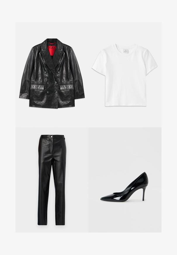 Blazer noir en simili cuir à double boutonnage avec revers en pointe, deux poches avant et une texture lisse et brillante. Doublure rouge visible à l'intérieur.; T-shirt en coton blanc avec un col rond, des manches courtes et un ourlet droit. Étiquette marquée "Won Hundred" au centre de l'encolure.; Pantalons en faux cuir noir avec motif crocodile, coupe slim, design à jambe droite, dotés d'une fermeture à bouton à l'avant et d'une taille standard.; Escarpin en cuir verni noir avec un bout pointu et un talon aiguille délicat. Texture lisse avec un fini brillant et un design minimaliste.