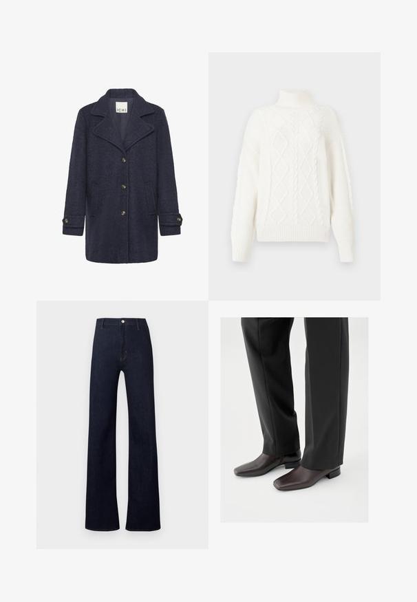 Navy Blazer aus Wollmischung mit strukturiertem Finish, Reverskragen, vorderer Knopfschluss, zwei Seitentaschen und Knöpfen an den Bündchen.; Chunky weißer Rollkragenpullover mit Zopfmuster design, das Diamantmuster und strukturierte Abschnitte zeigt, mit weichen Rippbündchen und Saum.; Dunkelblaue Denimhose mit hoher Taille, weitem Bein und klassischer Five-Pocket-Optik. Verfügt über bronzefarbene Beschläge und dezente Nähte.; Dunkelbraune Lederschuhe mit quadratischer Spitze und kurzem Blockabsatz, getragen zu schwarzer, maßgeschneiderter Hose, die ein elegantes, gepflegtes Erscheinungsbild zeigt.