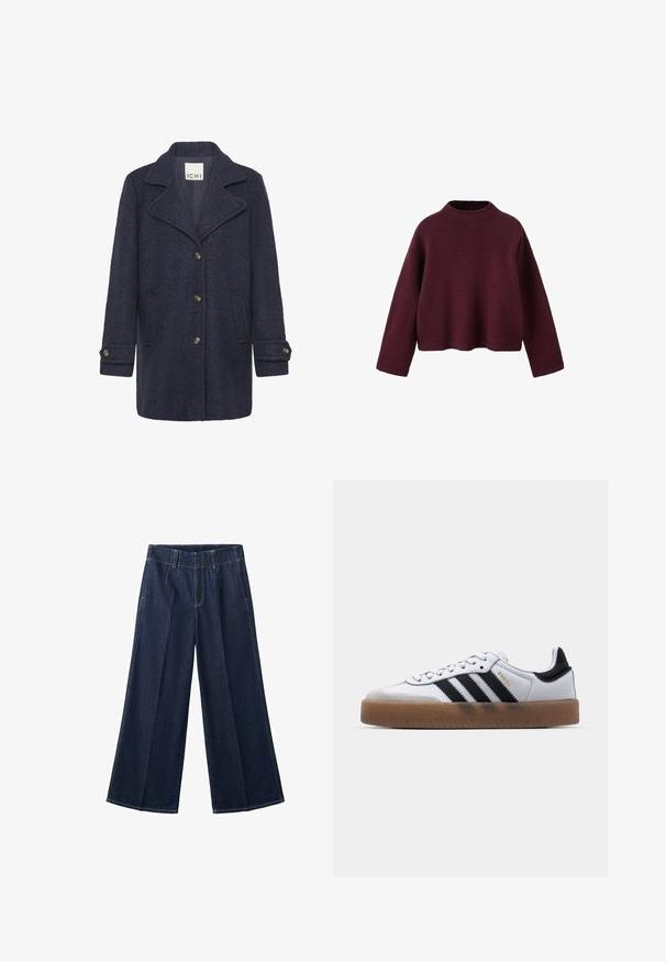Marineblå uldblandingsfrakke med en struktureret finish, spidse revers, frontknaplukning, to sidelommer og knapper ved håndleddene.; Bordeauxrød strikket sweater med høj hals, sænket skulder og lange ærmer. Har et cropped design og ribbet tekstur.; Mørkeblå vidde-ben denimjeans med forreste plisseringer, bæltestropper og synlige sømme.; Hvide lædersneakers med sorte striber, gummirubber sål, rund tå, snørelukning og blød grå ruskinds tåhætte.