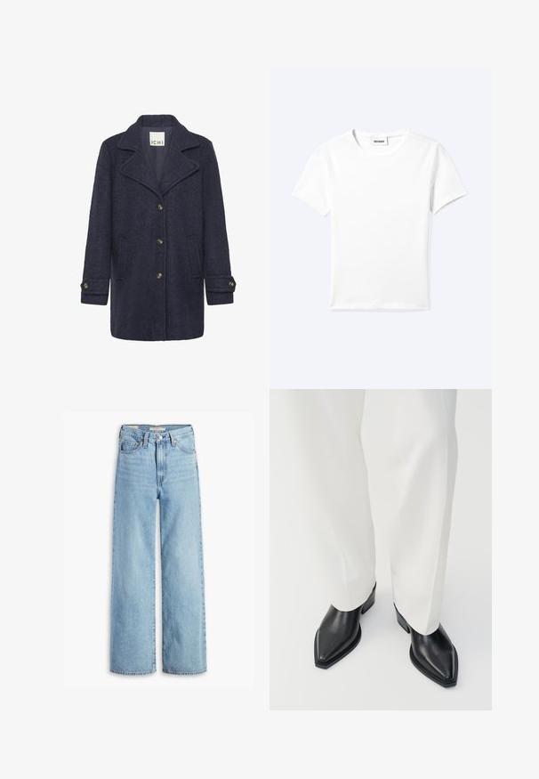 Marineblå uldblandingsfrakke med en struktureret finish, spidse revers, frontknaplukning, to sidelommer og knapper ved håndleddene.; Ensfarvet hvid t-shirt med korte ærmer og rund halsudskæring med en lille "WEEKDAY" label indeni halskanten, vist fladt på en lys baggrund.; Højtaljede, lyseblå, vide bukser med knap og lynlås fortil, bæltestropper og fem lomme-stil.; Sorte spidse ankelstøvler med en glat læderoverflade, lave blokhæle, og parret med hvide brede bukser. Enkel og moderne design.
