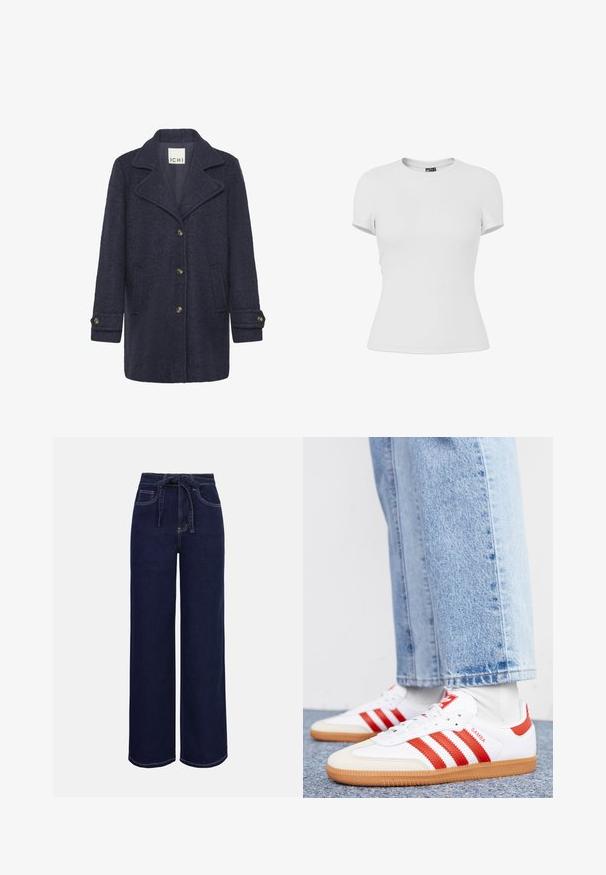 Navy Blazer aus Wollmischung mit strukturiertem Finish, Reverskragen, vorderer Knopfschluss, zwei Seitentaschen und Knöpfen an den Bündchen.; Schlichtes weißes, eng anliegendes T-Shirt mit kurzen Ärmeln und Rundhalsausschnitt, auf weißem Hintergrund dargestellt.; Dunkelblaue, weit geschnittene Jeanshosen mit einem gebundenen Bund, vorderen Taschen und kontrastierenden Nähten. Glatte Textur, funktionelles Design.; Weiße Leder Sneaker mit roten Streifen und Akzenten. Verfügt über eine strukturierte Gummi-Laufsohle und einen gepolsterten Schaft. Tragen mit hellblauer Jeans.