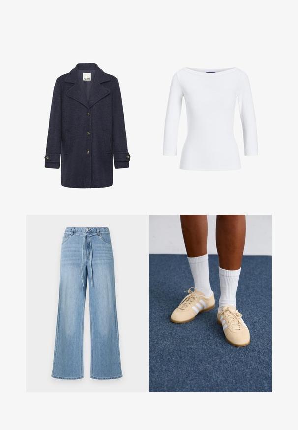 Marineblå uldblandingsfrakke med en struktureret finish, spidse revers, frontknaplukning, to sidelommer og knapper ved håndleddene.; Hvid, ribbet langærmet top med bådudskæring. Stoffet er glat, tætsiddende og har en ren afslutning ved manchetterne og kanten.; Lyseblå, vidbenede denimjeans med høj talje, frontdetalje med bindebånd og klassisk Fem-lomme-design med syninger som accenter.; Person i beige Adidas sneakers med hvide striber og hvide ankelstrømper, stående på et blåt tæppe.