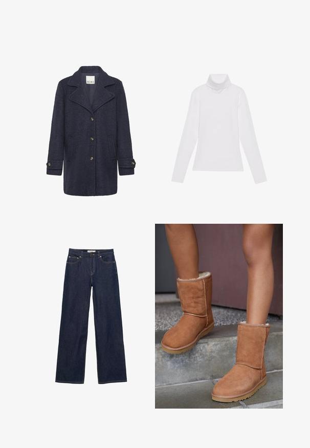 Marineblauwe wollen blend jas met een gestructureerde afwerking, met een reverskraag, voorste knoopsluiting, twee zijzakken en knopen op de manchetten.; Witte lange mouw turtleneck top gemaakt van glad, elastisch materiaal. Voorzien van een hoge kraag en een getailleerd ontwerp, zonder zichtbare patronen of versieringen.; Donkerblauwe spijkerbroek met brede rechte pijpen, voorzakken en een knoop- en ritssluiting.; Bruine suède enkellaarsjes met een ronde neus, zachte voering en een rubberen zool, met zichtbaar stiksel langs de naden.