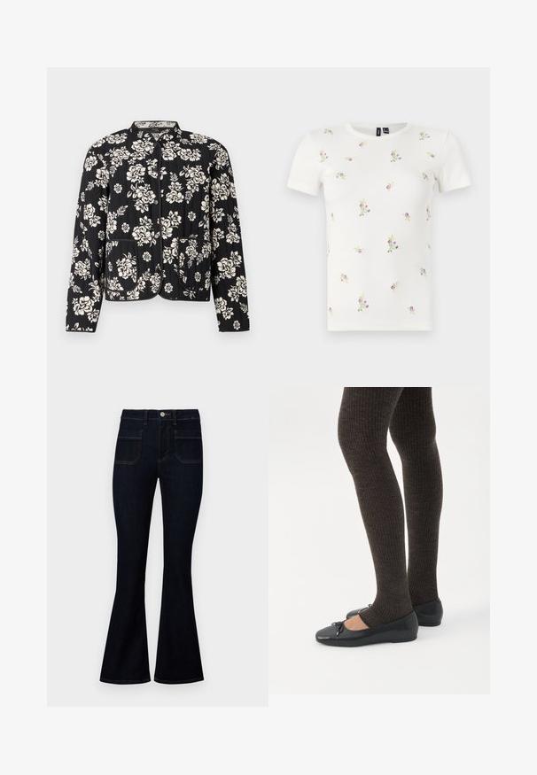 Veste matelassée noire avec motif floral blanc, col rond, et deux poches avant, finie avec un bord contrasté et des fermetures à pression.; T-shirt en coton blanc à manches courtes, présentant une texture côtelée et une broderie florale dispersée en rose et vert sur l'ensemble.; Jean flare bleu foncé avec une taille haute, en denim, dotés de deux poches arrière et de surpiqûres contrastées le long des coutures.; Jambes portant des leggings côtelés foncés associés à des ballerines noires avec de petits détails en nœud sur fond blanc.