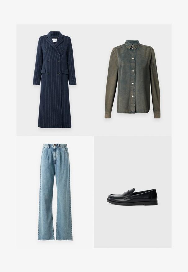 Abrigo de mezcla de lana en color navy con un frente de doble botonadura, patrón de rayas, solapas con picos y dos bolsillos laterales. Presenta seis botones y un corte entallado.; Camisa de mezclilla verde oscuro con cierre de botones en la parte delantera, cuello puntiagudo, mangas largas y botones plateados, que presenta una textura de tela suave.; Vaqueros de pierna ancha de cintura alta en azul claro, hechos de mezclilla, con cierre de botón, pliegues prominentes y bolsillos cosidos.; Mocasines de cuero negro con un diseño de acento cosido, punta redonda, suela de goma plana y un acabado suave. Silueta clásica y versátil.
