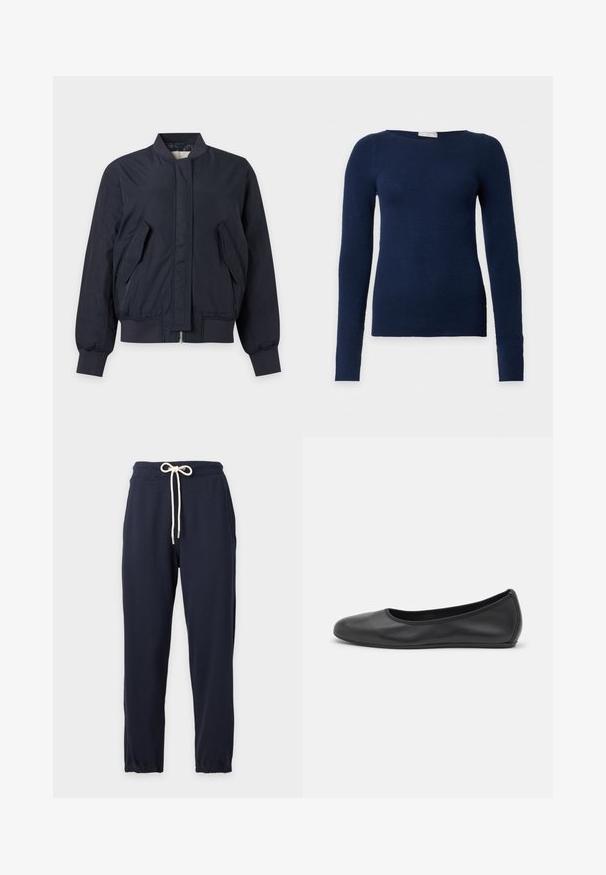 Veste bomber bleu marine foncé avec col, poignets et bas en maille côtelée, poches avant à rabats inclinés et fermeture éclair avant dissimulée.; Pull ajusté bleu marine à manches longues avec encolure ronde et texture en maille fine, présenté sur fond blanc uni.; Pantalon de survêtement bleu marine avec taille à cordon blanc et poignets élastiques, conçu pour une tenue décontractée.; Ballerines en cuir noir avec un bout rond, texture lisse, détails de couture minimalistes et design de semelle flexible.