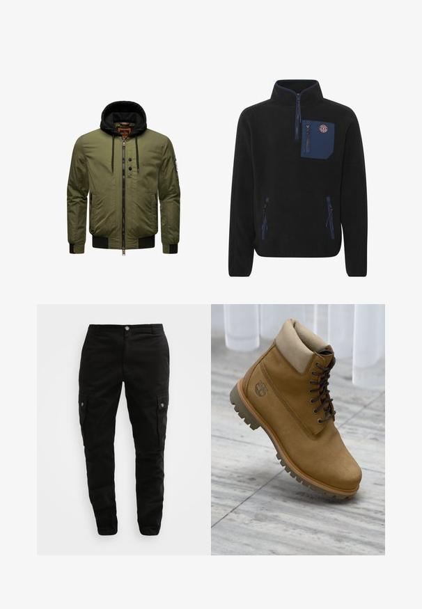 Chaqueta bomber de color verde oliva con cremallera frontal, sudadera negra, puños y dobladillo acanalados, y dos bolsillos laterales. Presenta un parche en el brazo izquierdo.; Sudadera de forro polar negra con cuello alto, cremallera frontal y un bolsillo azul marino con un logo. Dos cremalleras laterales para los bolsillos. Textura suave.; Pantalones cargo negros hechos de tejido resistente, con bolsillos laterales, cierre de botón y un diseño ajustado. Textura suave con detalles mínimos.; Bota de ante color canela con cordones, cuello acolchado y suela robusta, descansando sobre un suelo de baldosas grises cerca de cortinas blancas.