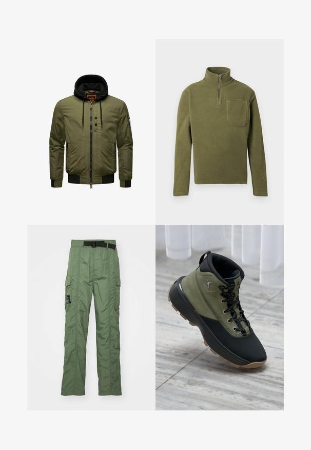 Chaqueta bomber de color verde oliva con cremallera frontal, sudadera negra, puños y dobladillo acanalados, y dos bolsillos laterales. Presenta un parche en el brazo izquierdo.; Sudadera de forro polar verde oliva con cuello de media cremallera, mangas largas y un bolsillo en el pecho. Textura suave con un diseño duradero.; Pantalones cargo en verde oliva, confeccionados en tela ligera. Cuentan con un cinturón negro, bolsillos cargo a los lados y detalles de costura.; Las zapatillas altas de color verde y negro presentan un acabado texturizado, un collar acolchado, cordones negros con puntos blancos y una suela de goma con un borde de color claro.
