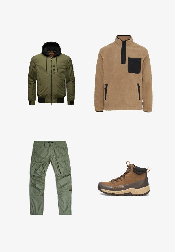 Olivgrüne Bomberjacke mit Reißverschluss vorne, schwarzem Hoodie, gerippten Bündchen und Saum sowie zwei seitlichen Taschen. Verfügt über ein Patch am linken Arm.; Beiger Fleecepullover mit hohem Kragen, schwarzer Reißverschlusstasche auf der Brust und schwarzen Akzentreißverschlüssen an den Taschen. Weiche Textur insgesamt.; Grüne Cargohose mit mehreren Taschen, einschließlich Reißverschluss- und Klappentaschen, Gürtelschlaufen und aufgenähten Kniepaneelen, flach auf weißem Hintergrund liegend.; Brauner und beigefarbener Wanderstiefel mittlerer Höhe mit schwarzem gepolstertem Kragen, Gore-Tex-Logo, Metalldurchzügen und Vibram-Sohle.