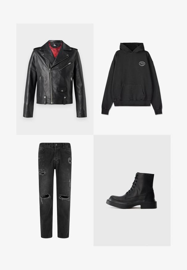 Sort læder bikerjakke med sølv lynlåse og trykknapper, der har en rød indvendig foring og asymmetrisk frontlukning.; Sort hættetrøje, oversized design, blødt stof, frontlomme til hænderne, ribbede manchetter og kant, med et rundt grafisk logo på brystet.; Svarte denimjeans med en afslappet pasform, der har slidte detaljer og flere rifter. Fem-lomme design med knaplukning.; Sorte læder ankelstøvler med rund tå, snøredesign og tyk ribbet sål. Glat tekstur med minimal syning og ingen synlige detaljer.