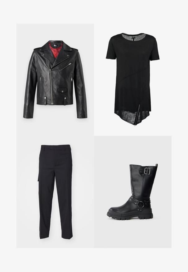 Sort læder bikerjakke med sølv lynlåse og trykknapper, der har en rød indvendig foring og asymmetrisk frontlukning.; Sort kortærmet t-shirt med rund halsudskæring, asymmetrisk kant, gennemsigtig tekstur og en sidelukning. Blødt, let stof.; Sorte bukser lavet af et glat, vævet stof. Har en lige pasform, slim fit, bæltestropper og en sidelomme.; Sorte læderknæhøje støvler med en kraftig gummisål, der har en sidelås, stropdetaljer og struktureret finish.