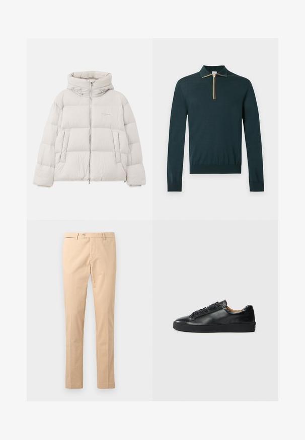 Puffat, ljusgrå jacka med huva, dragkedjestängning och elastiska cuffs. Har quiltade sektioner och en subtil logga på bröstet.; Tummanvihreä pitkähihainen poolopaita, jossa on kaulus ja vetoketju, etuosassa moniväriset raidat.; Beiget slim-fit -miesten housut, joissa on nappi- ja vetoketjusuljenta, vyölenkit ja etutaskut, esillä yksinkertaisella valkoisella taustalla.; Musta nahkakenkä, jossa on sileä pinta, pyöreä kärki ja nauhakiinnitys. Varusteena paksu kumipohja ja minimaalinen brändäys.