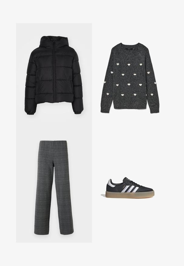 Chaqueta de abrigo negra con capucha, con cierre frontal de cremallera, puños elásticos y diseño acolchado. Fabricada con un material suave y resistente al agua.; Jersey gris con cuello redondo y mangas largas, con un patrón repetido de pequeños corazones blancos por todo el tejido. Tela de textura suave.; Vero Moda VMBERLIN WIDE PANT - Pantalones - dark grey/black; Zapatilla deportiva de cuero negro con tres rayas plateadas, punta texturizada y suela de goma. Cuenta con un collar acolchado y un diseño con cordones.