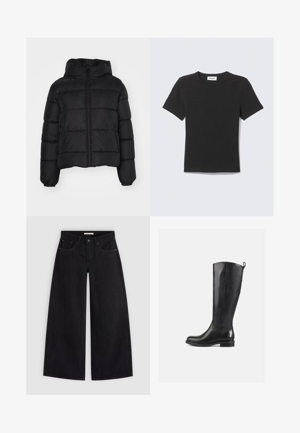 Chaqueta de abrigo negra con capucha, con cierre frontal de cremallera, puños elásticos y diseño acolchado. Fabricada con un material suave y resistente al agua.; Camiseta negra de manga corta con cuello redondo, colocada plana con una pequeña etiqueta blanca dentro del cuello sobre un fondo claro.; Vaqueros negros de pierna ancha con cinco bolsillos, trabillas para cinturón y cierre de botón, extendidos sobre un fondo gris claro.; Botas de cuero negras hasta la rodilla con un acabado suave, punta redondeada, tacón bajo y una lengüeta en la parte posterior. Diseño minimalista sin patrones visibles.