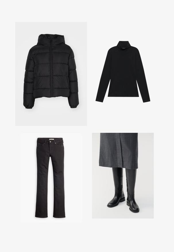 Sort puffet jakke med hætte, med lynlåslukning foran, elastiske manchetter og kviltet design. Fremstillet af glat, vandafvisende materiale.; Sort turtleneck med lange ærmer. Blødt stof, tætsiddende design, høj krave og sidesøm. Simpel og alsidig stil, der er velegnet til lag-på-lag.; Sorte jeans lavet af denim, med lige ben-design, standard talje, fem lommer og diskrete syninger.; Knæhøje sorte læderstøvler med en glat tekstur, lynlåse i siden og en flad sål. Støvlerne har et struktureret skaft og minimalt hardware.