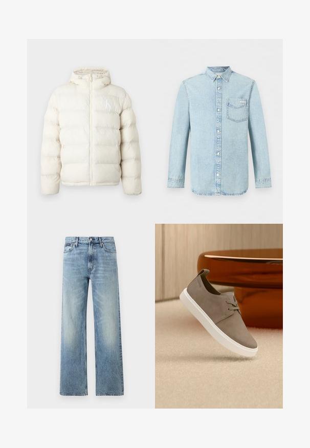 Pufferjack in crèmekleur, met een ritssluiting, verstelbare capuchon en subtiel logo. Gemaakt van zacht, gestikt materiaal met een gladde textuur.; Lichtblauw denim overhemd met lange mouwen, knoopsluiting aan de voorkant, een borstzak met Calvin Klein-logo en puntige kraag.; Lichtblauwe denim jeans met rechte pijpen, een hoge taille, vijf zakken, knoopsluiting en subtiele vervaging op de dijen en knieën.; Taupekleurige suède vetertrainer met witte zool zwevend boven een beige tapijt, naast een glanzend bruinig afgerond meubelstuk.