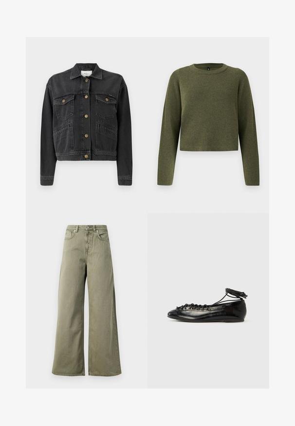 Pepe Jeans RELAXED JACKET - Spijkerjas - denim; Groene korte trui met lange mouwen, gemaakt van een gebreide stof met textuur. Heeft een ronde halslijn en een minimalistisch design.; Hoge taille, olijfgroene wijde jeans met een knop aan de voorkant, rits en vijf-pocket ontwerp op een witte achtergrond.; Zwarte ballerina's van lakleer met een afgeronde neus, veterdesign en een platte zool. Glad oppervlak met minimale details.