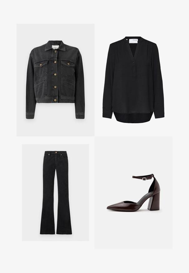 Pepe Jeans RELAXED JACKET - Jeansjacke - denim; Schwarze Langarmbluse mit Stehkragen, Ein-Knopf-Leiste, leichten Schulterraffungen und einem nach hinten länger gewellten Saum.; Schwarze Jeans mit hoher Taille und ausgestellten Beinen, vorderem Knopf- und Reißverschluss sowie Fünf-Taschen-Design.; Dunkelbrauner Leder-Pumps mit spitzer Kappe, hohem Absatz, Knöchelriemen und silberner Schnalle auf weißem Hintergrund.