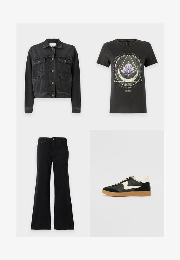Pepe Jeans RELAXED JACKET - Spijkerjas - denim; Zwarte katoenen t-shirt met een grafisch ontwerp van een lotusbloem, geometrische vormen en tekst in verschillende kleuren. Korte mouwen en ronde halslijn.; Zwarte hoge taille denim jeans met vijf zakken en uitlopende benen, weergegeven op een witte achtergrond.; Zwarte suède en leren sneaker met een crèmekleurige zij-swoosh en lichte crèmekleurige hiel. Voorzien van beige veters en een gumrubberen zool.