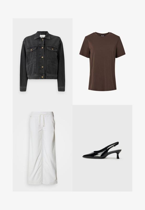 Pepe Jeans RELAXED JACKET - Jeansjacke - denim; Einfaches braunes Baumwoll-T-Shirt mit kurzen Ärmeln und Rundhalsausschnitt, präsentiert auf weißem Hintergrund.; Weiße, weit geschnittene Hosen aus weicher Baumwolle. Mit einem elastischen Bund mit Kordelzug und dezenten Seitennähten.; Schwarze Lackleder Slingback-Schuhe mit spitzem Zehenbereich und niedrigem Blockabsatz. Verstellbarer Riemen mit Schnalle am Knöchel.
